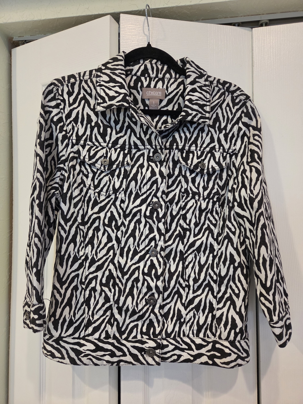 Chico's Black & White Zebra Print Button-Front Jacket